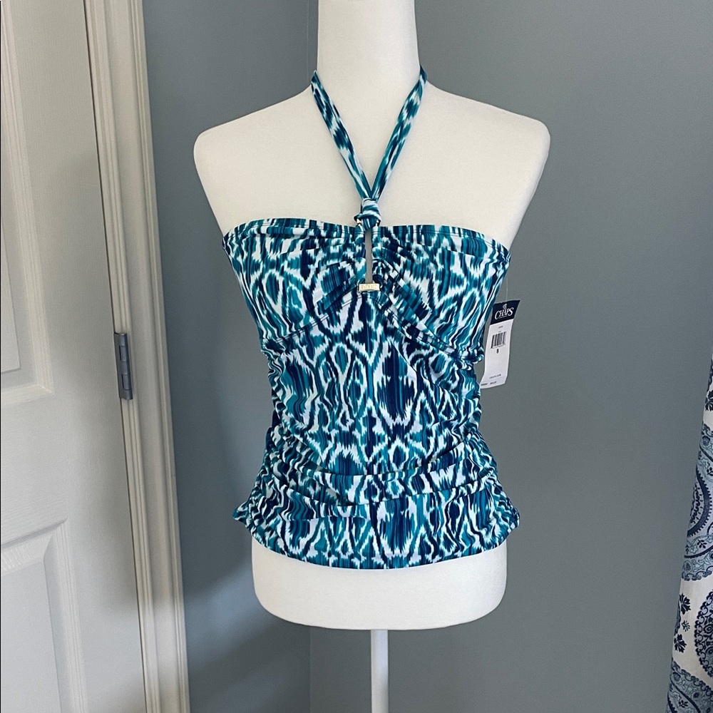 Chaps Blue and White Swim Halter Tankini Top